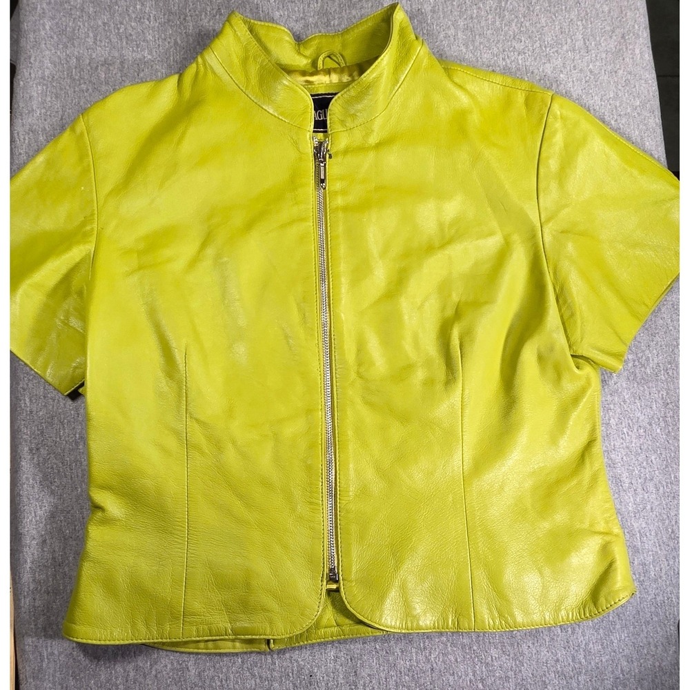 Vintage Saguaro West Women Chartreuse Lime Green Leather Short Sleeve Zip Jacket